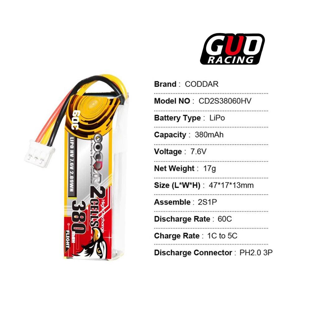 TG Racing 380mAh 2S 7.6V 60C HV Battery for 1/28 1/24RC Car TG RW00 MK3 XRX DriftArt02 FPV drone Racing