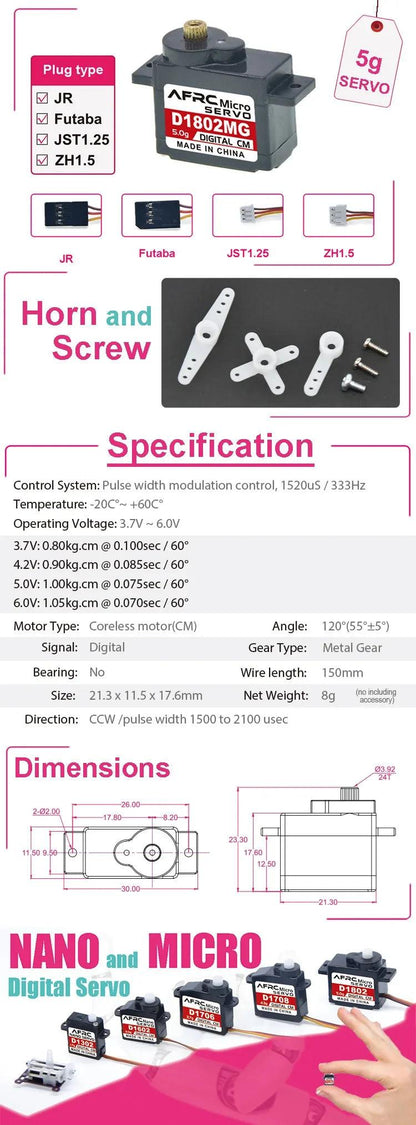 AFRC D1802MG 5g Metal Gear Servo for TG Racing Mini RC Drift Car Upgrade