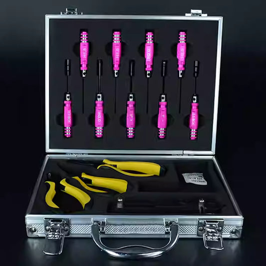 13-Piece RC Car Aluminum Tool Case: Hex, Phillips Screwdriver, Pliers, Pitch Gauge